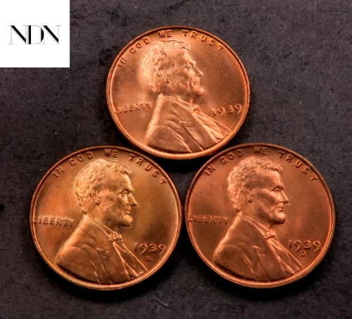 1939+1939-D+1939-S Lincoln Wheat Penny Cent Set - Gem BU Red - 3 Coin Lot