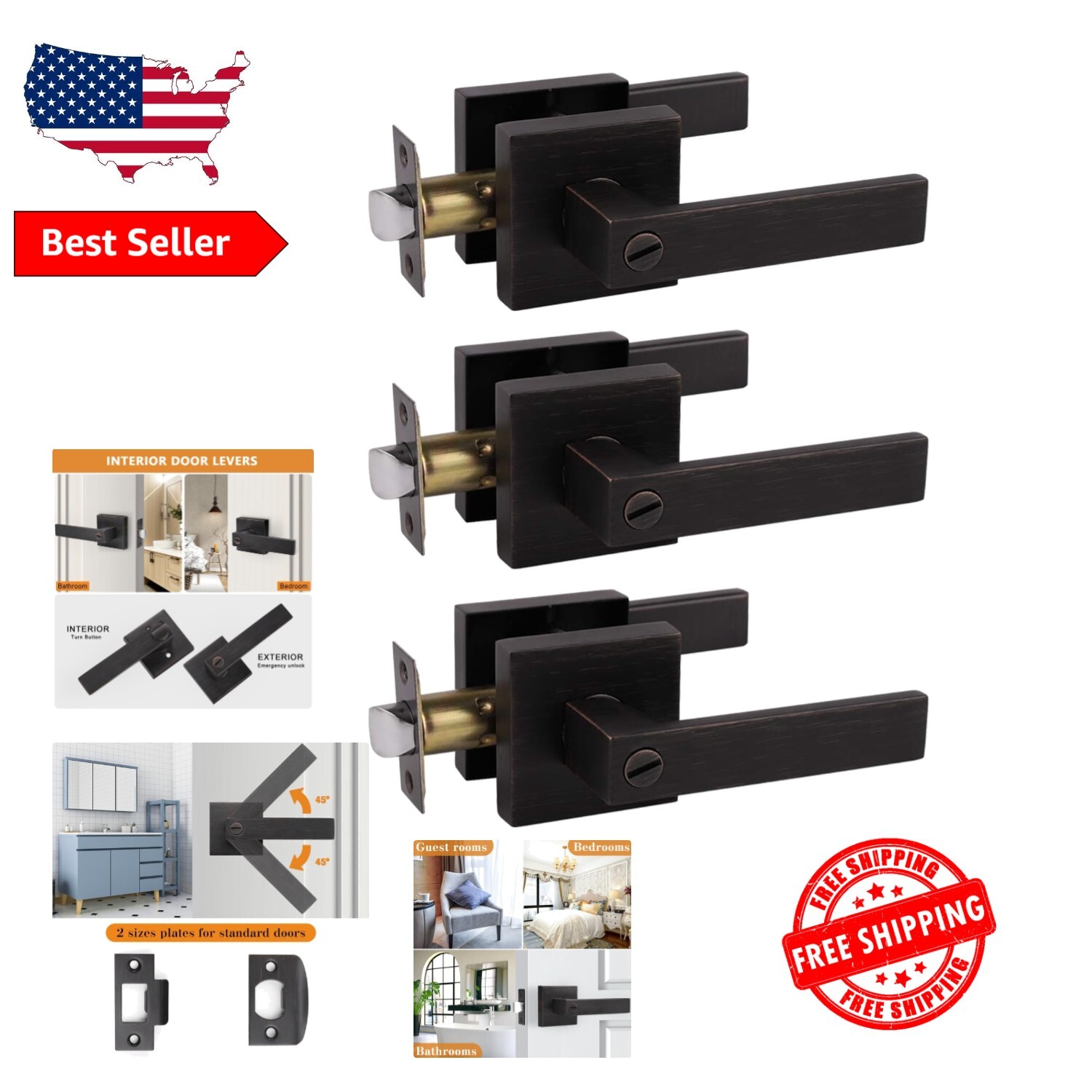 Durable Adjustable Latch Privacy Door Levers 3-Pack Oil Rubbed Bronze-image