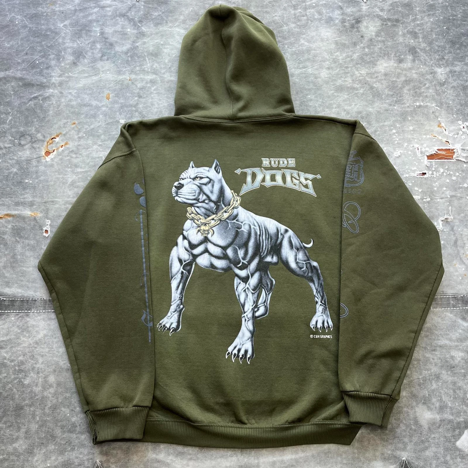 RHUDE Felpa con cappuccio vintage Y2K verde oliva cani maleducati pitbull grunge