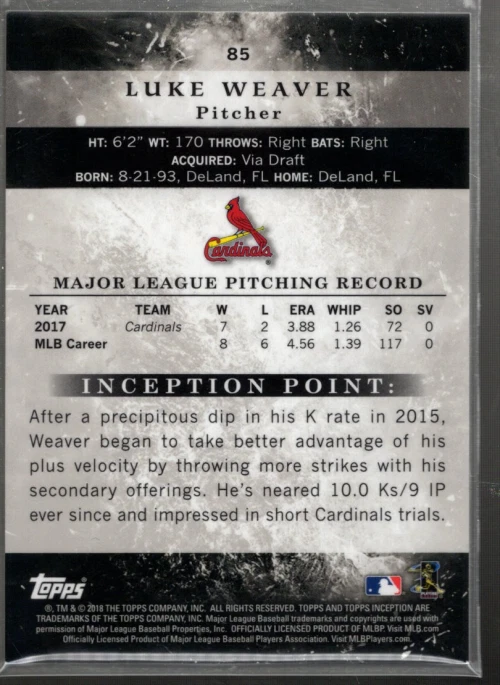 B1141- 2018 Topps Inception Magenta #85 Luke Weaver /99 - NM-MT - Image 2 of 2