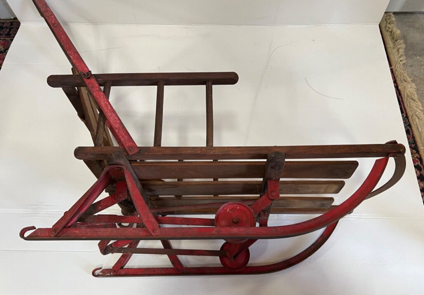 Vintage Antique Wood Baby Child Sled Back Rest with Metal Runners
