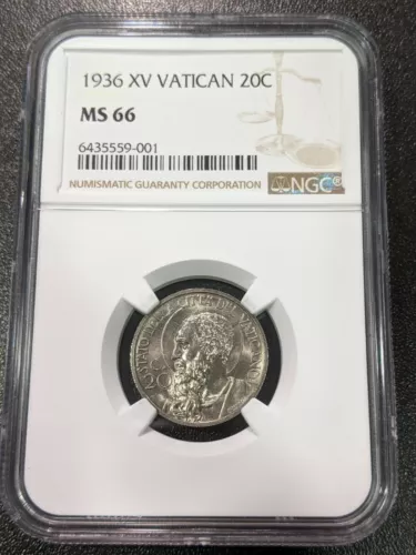 1936 XV MS66 Vatican 20 Centesimi NGC KM 3 Pius XI St. Paul