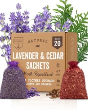 All-Natural Cedar and Lavender Sachet (20 Pack) with Hanger Hooks : 10 Lavend...