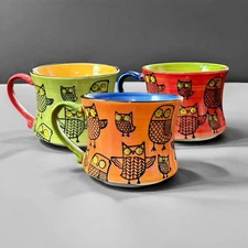 Set Of 3 Pier 1 One Owls Ceramic Coffee Mugs Tea Cups Stackable Handpainted 10oz
