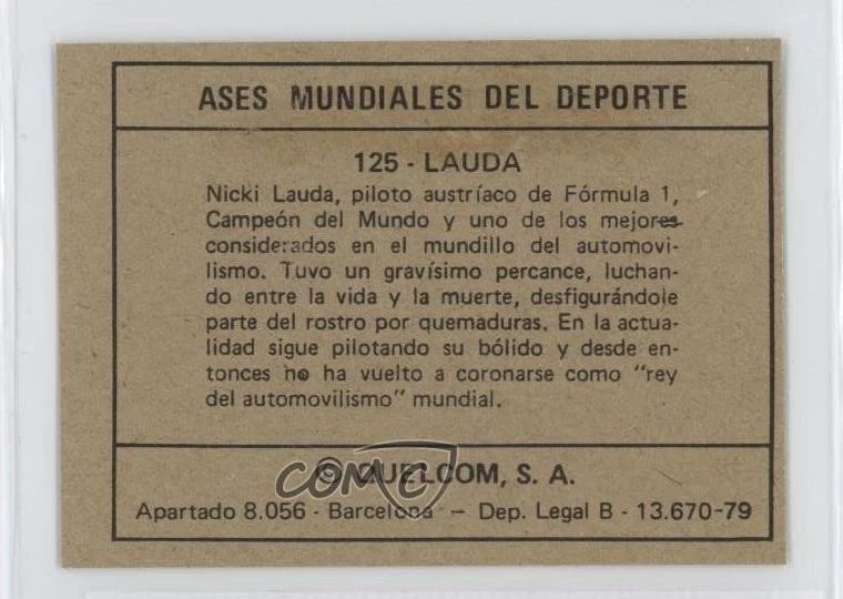 1979 Quelcom Ases Mundiales Del Deporte Small Niki Lauda Nicki Lauda #125 HOF - Image 2 of 2