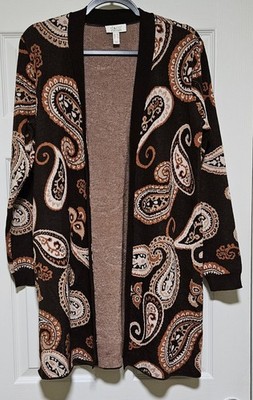 Denim & Co D&Co Heritage Paisley Jacquard Open Front Cardigan Sweater Medium
