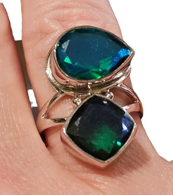 Sajen Rainbow Caribbean Doublet Blue Green Quartz Sterling Silver Ring 7.8 Ctw