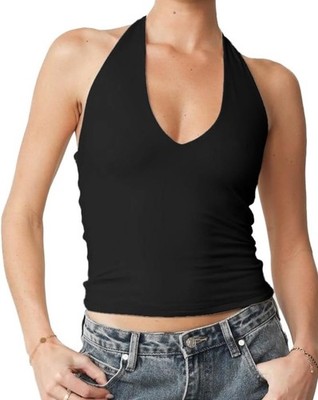 Urban Outfitters Black Cotton Denim Halter V-Neck Tank Top Women s XXS/XS