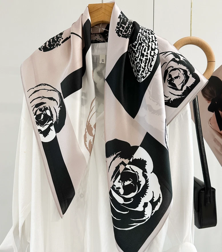 100%Silk Mulberry Wrap Shawl Square white flower Print Bandanna Scarf 88X88cm