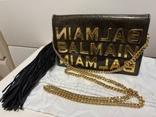 BALMAIN Chain Shoulder Bag Purse w/Tassel Gold Logo USED Good Condition
