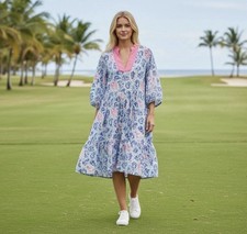 Simply Southern Oyster Print Tiered Midi Dress UPF 50+ Pink Blue Size Large