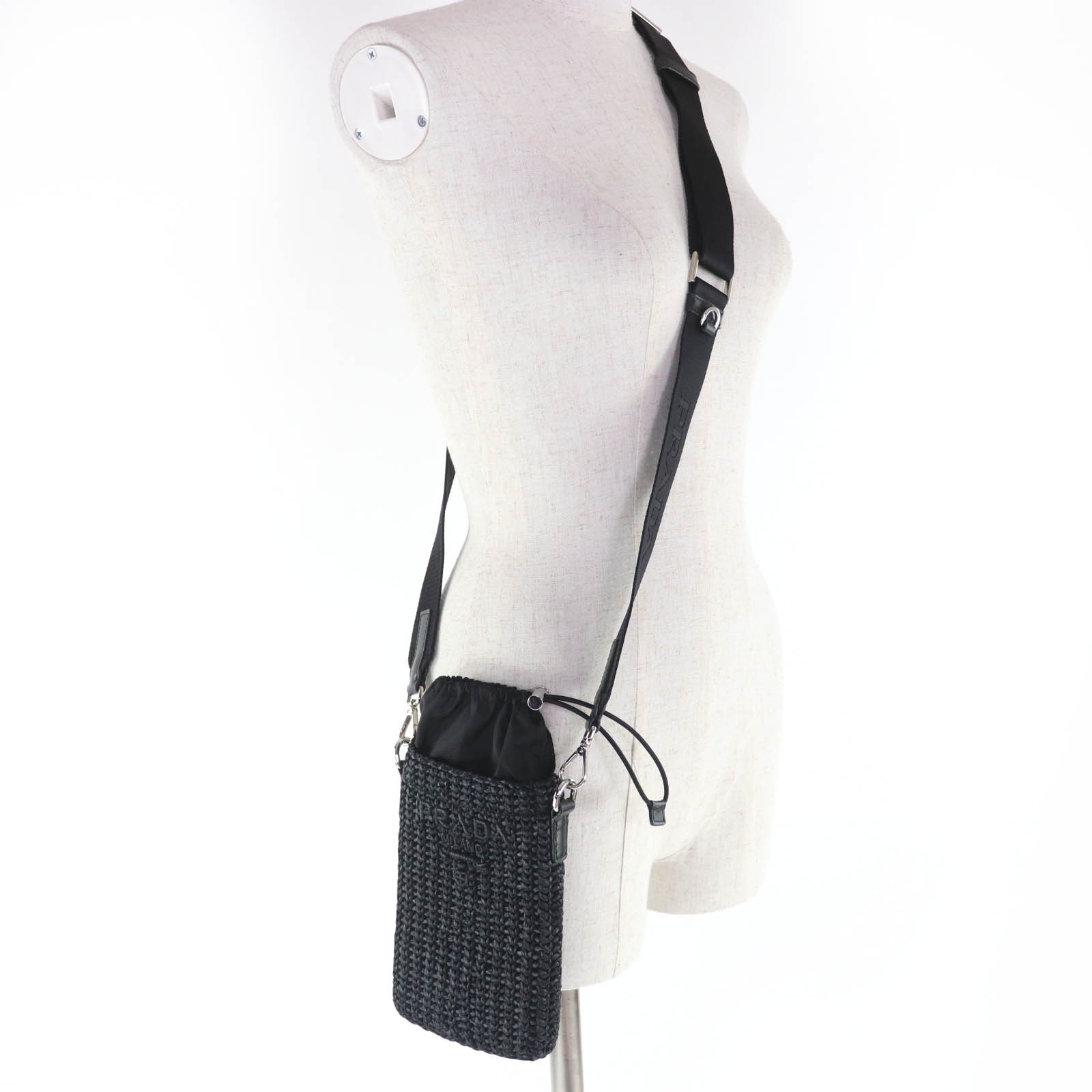 Excellent PRADA Shoulder Bag Crochet smartphone case pouch black Women 2ZT061 thumbnail 8