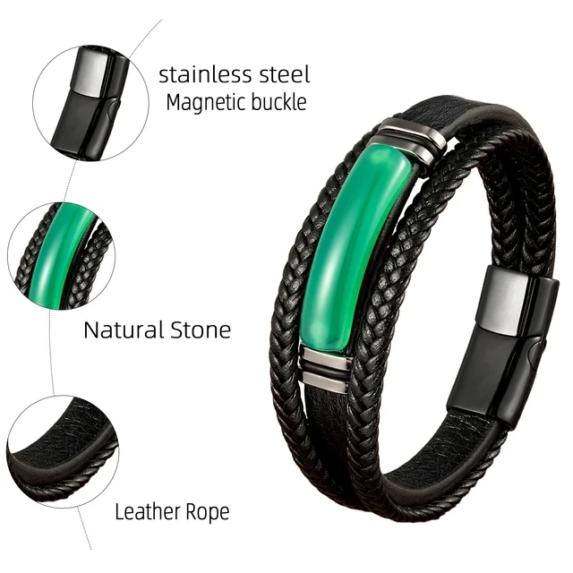 Green Aventurine Stainless Steel Men Bracelet Braided Leather Magnetic Bangle - Image 2 of 4