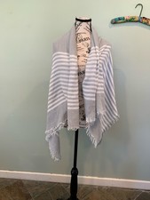 Women  s Light Gray  White Striped Lightweight Fringed Shawl Wrap