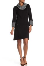 Eliza J Black Sweater Dress Houndstooth Cowl Collar Faux Pockets Size Xl