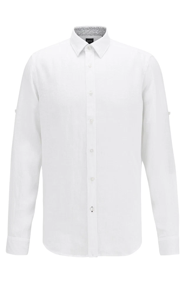 HUGO BOSS REGULAR Fit Asjustable Sleeve Chambray Linen White mens Shirt 2XL - Image 4 of 4