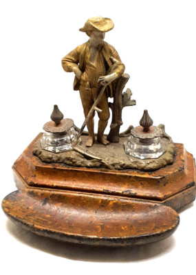 Magnificent Double Inkwell In Regule Glass And Papier Mâché Peasant Reaper Theme