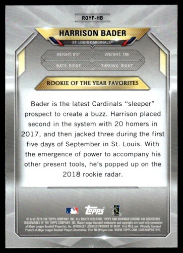2018 Bowman ROY Favorites Harrison Bader Rookie St. Louis Cardinals #ROYF-HB R17 - Picture 2 of 2