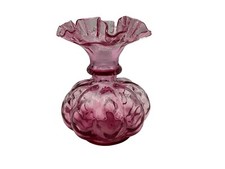 Fenton Vintage Art Glass Cranberry Pink Ruffled Top Melon Shape MCM Vase