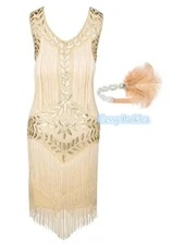 X-P1-4 Deluxe Ladies 1920s Roaring 20s Flapper Gatsby Costume Sequins Beige/Gold