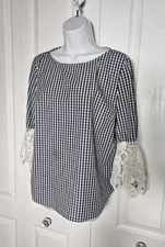Liz Claiborne Women Blouse Top Petite Large Blue Lace 3/4 Sleeve Gingham Check
