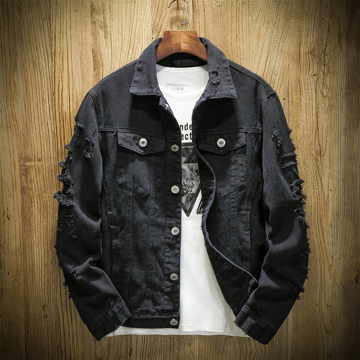 Mens Denim Jacket Ripped Jean Distressed Button Jackets Coat Overcoat Cargo Tops