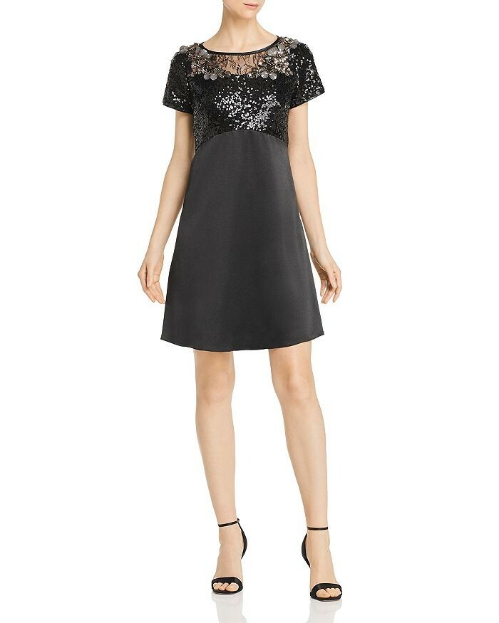 $330 Aidan Mattox Sequin & Charmeuse Short-Sleeve Trapeze Cocktail Dress  Size 2M
