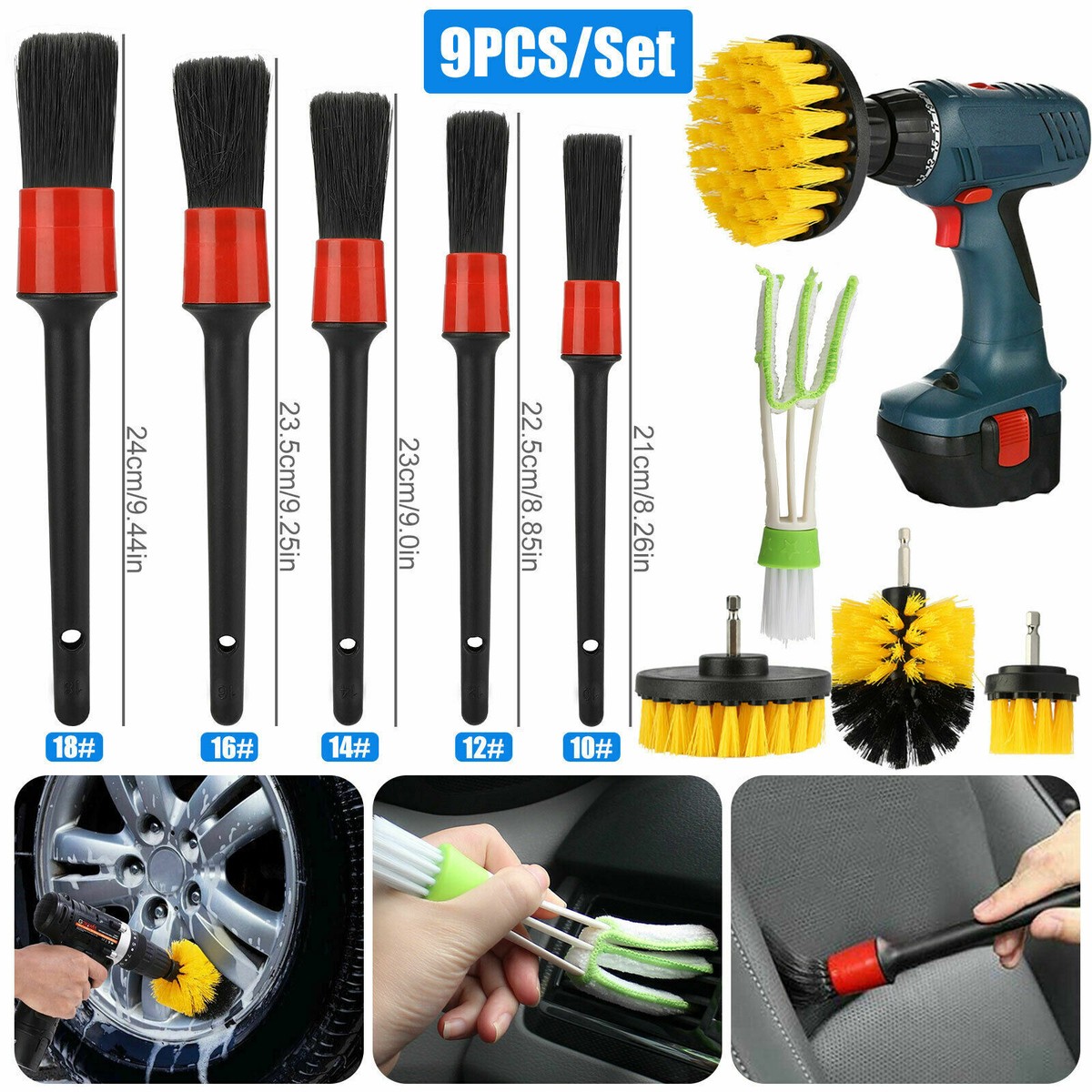 9-Piece Car Wheel & Tire Rim Scrub Brush Cleaning Kit – Drill Attachment Power Wash Set – Universal Fit