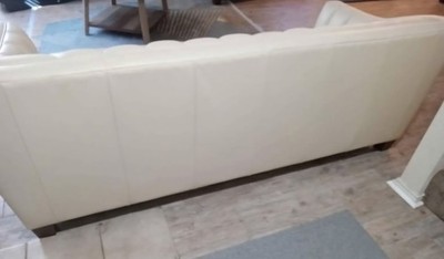 Beige Faux Leather Sofa with Wood Frame and Channel Back Design