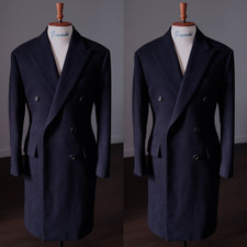 Men Long Overcoats Peak Lapel Formal Busines Double Breasted Outdoor Wool Coat