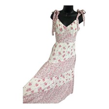 Trixxi white pink roses floral shoulder tie tiered midi v-neck dress size large