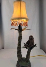 16.5" Small Resin Monkey Siting On PalmTree Table Lamp / Beaded Shade