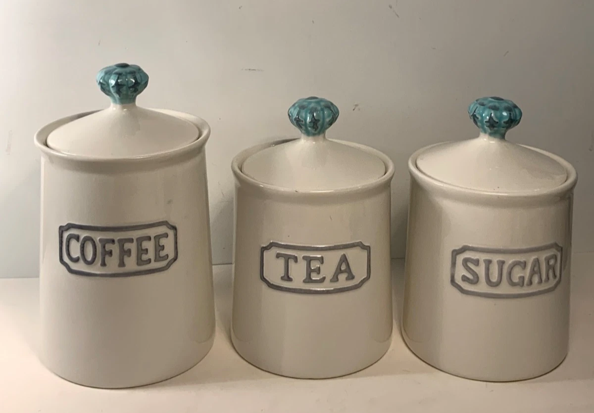 Set of 3 THL Farmhouse Kitchen Ceramic Coffee, Tea, Sugar Canisters
