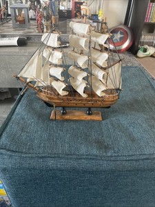 Wooden Tall Ship Model Sailboat Decorative Replica w/ Stand & Rigging ~9”
