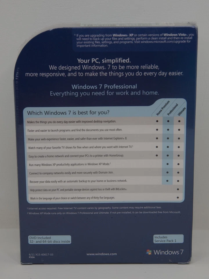 Actualización profesional de Windows 7 INCLUYE SERVICE PACK 1 DVD discos de 32 y 64 bits Foto 2 de 3