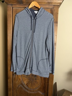 J. Jill Women s Size Large Blue Striped Double Knit Full Zip Hooded Sweater