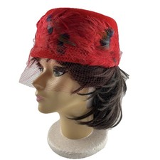 VTG 1950'S Womens HAT JUNIOR B Red with Feathers Netted Made in Italy