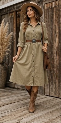 FADS Women s Khaki Shirt Dress Button Front Long Sleeve A-Line Casual  90s Sz 10
