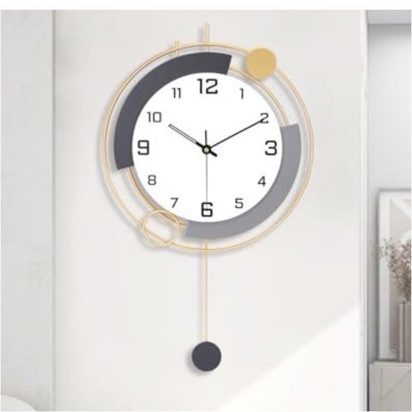 Modern Abstract Hanging Wall Clock, Gold Black White Gray, Pendulum, Analog