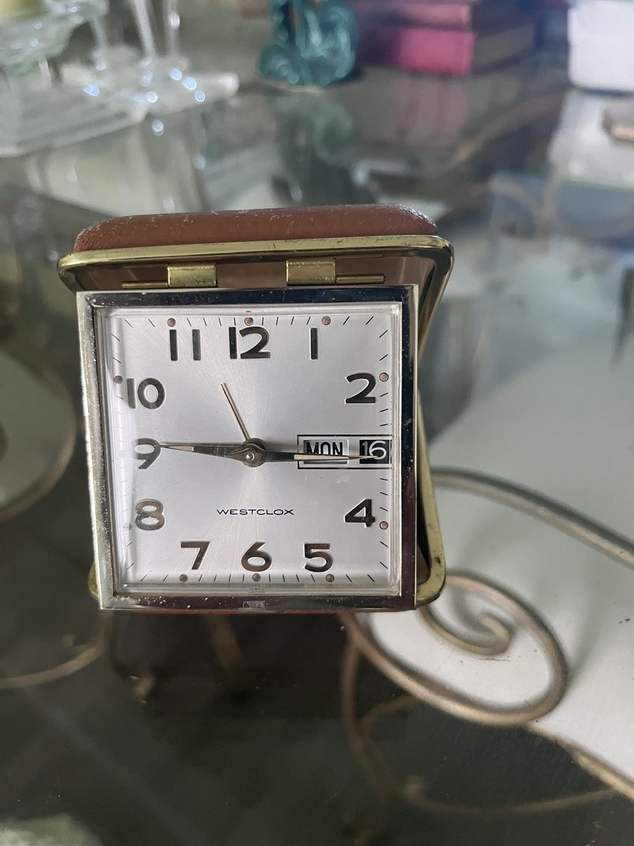 MCM Vintage Westclox Travel Alarm Clock Folding Case Day Date Wind