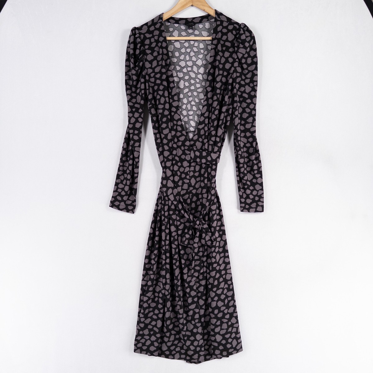 Ann Taylor Midi Wrap Dress Women Black Gray Geometric Stretch Knit Long  Sleeve
