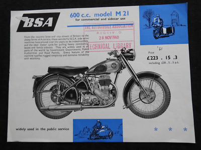 1960-1961 BSA Model M 21 600cc Commercial & Sidecar Use Motorcycle
