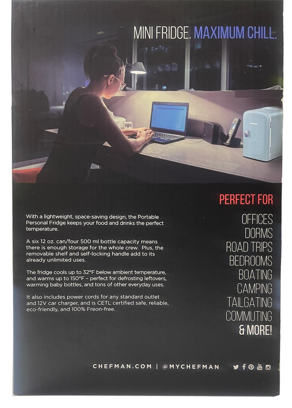 Chefman Mini Portable Blue Personal Fridge Cools Warms Plugs into Car or Home