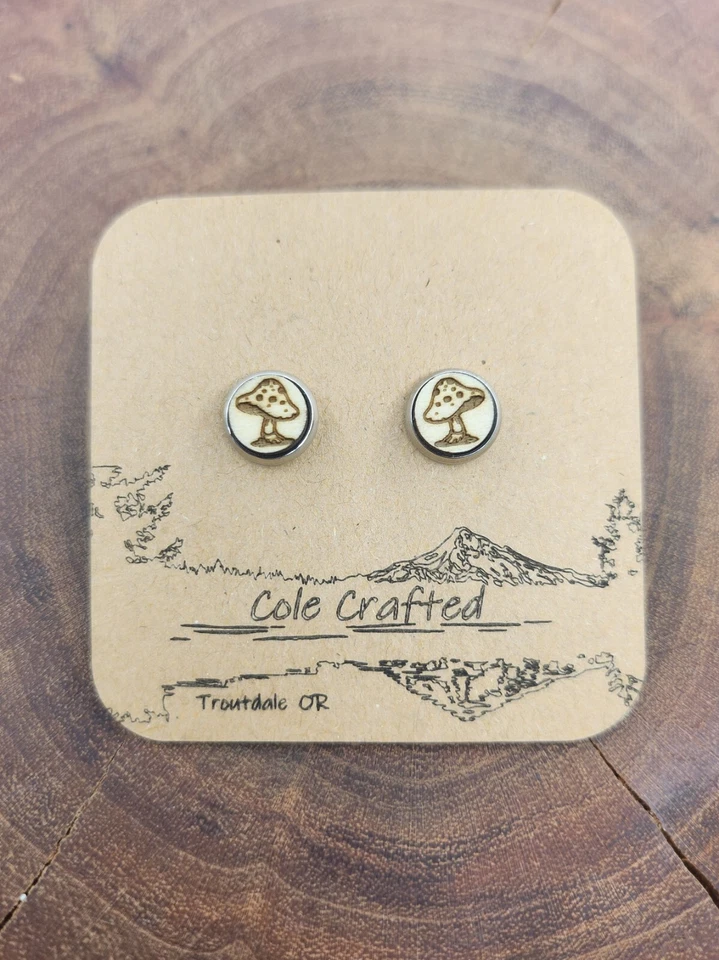 Conjunto de Pendientes de Setas Madera Hechos a Mano 8mm Bisel Hadas Bosque Boho Joyería Regalo Foto 2 de 4