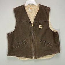 Vintage USA Carhartt Brown Sherpa Lined Zip Up Canvas Duck Vest XL 2X V13CHT