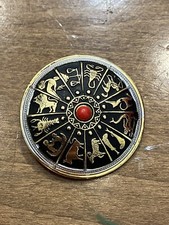 Vintage Brooch Pin Damascene Horoscope Zodiac 1950s Round Black Goldtone 1.5