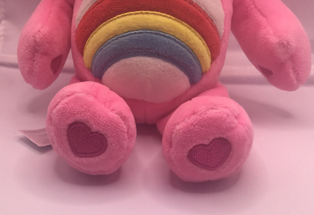 Care Bears CHEER Rainbow Pink Hearts 10in Bear Stuffed Plush EUC
