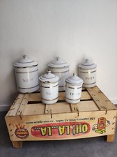 5 Vintage Retro Antique French Kitchen Nesting Enamel Cannisters Metal Art Decor