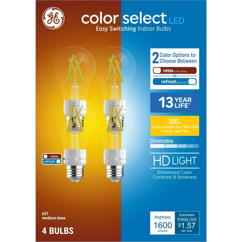 2 PACK GE A21 Bulbs Color Select LED Light Bulbs, 100 Watt, Medium Base, 4pk NEW - Image 2 of 4
