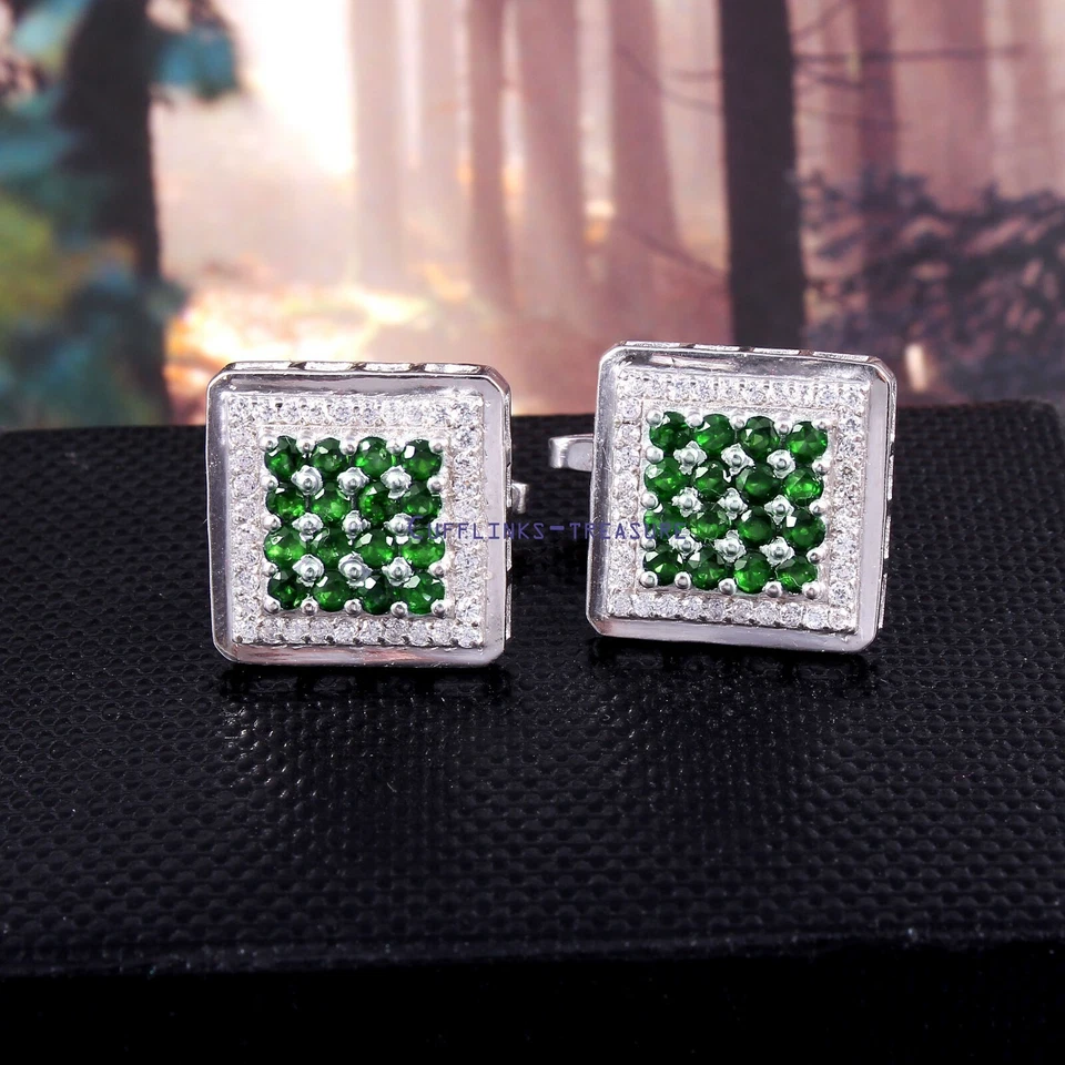 Natural Tsavorite & CZ Gemstones with 925 Sterling Silver Cufflinks for Men's #9 - Image 2 of 3